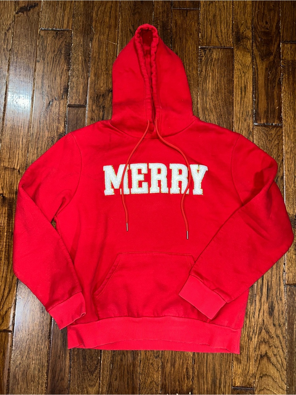 Boutique Red Appliqué 'MERRY' Hooded Sweatshirt size medium
